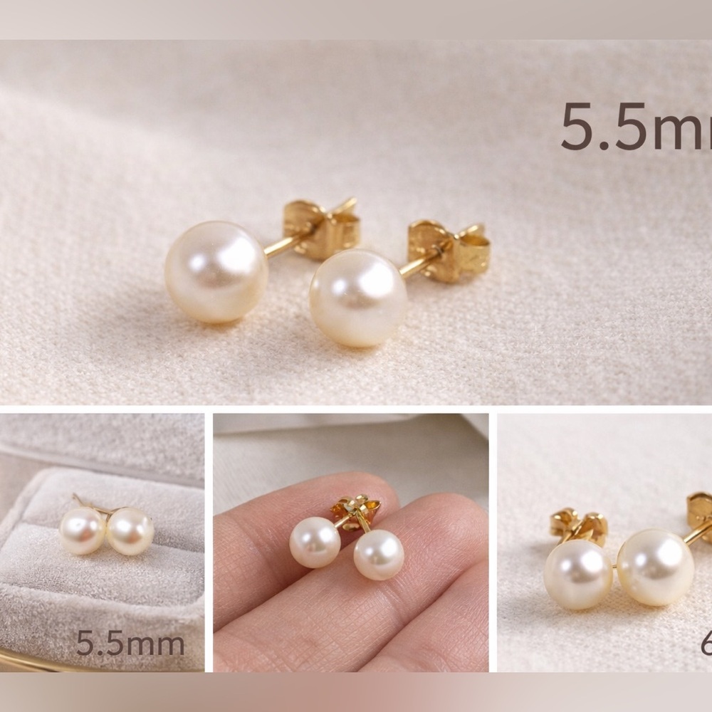NWT 14K Gold Genuine Pearl Stud Earrings 5.5mm Classic Minimalist